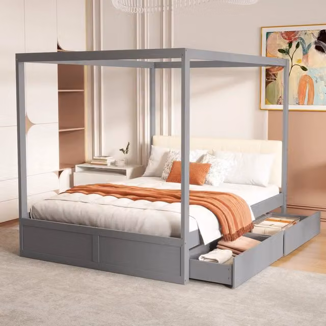 Letto a tenda matrimoniale OKWISH in legno e tessuto grigio con 2 cassetti e schienale imbottito L/P/H: 200 x 140 x 142 cm