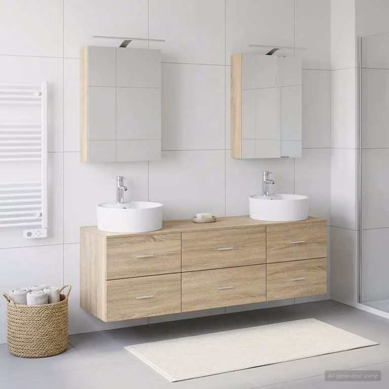Set di mobili per il bagno moderno vidaXL in legno e vetro, 5 pezzi, colore marrone con illuminazione LED integrata e specchio