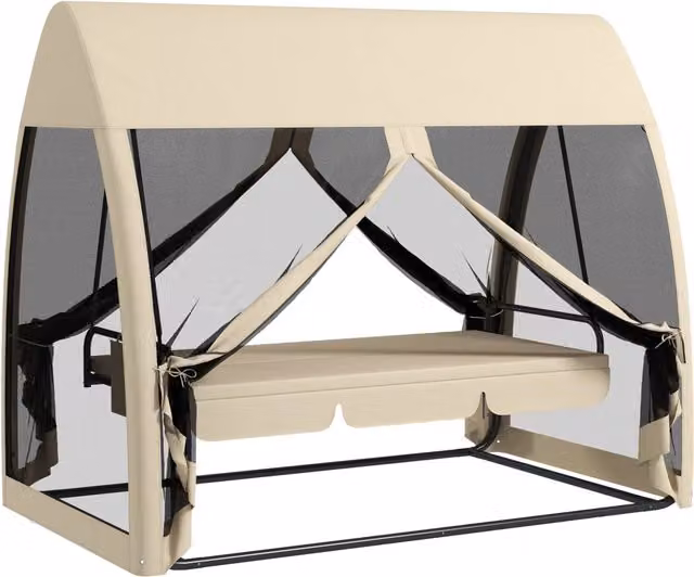 Dondolo da giardino XYLO 3 posti con funzione letto, struttura in acciaio verniciato, tenda parasole e cuscini inclusi, marrone e beige