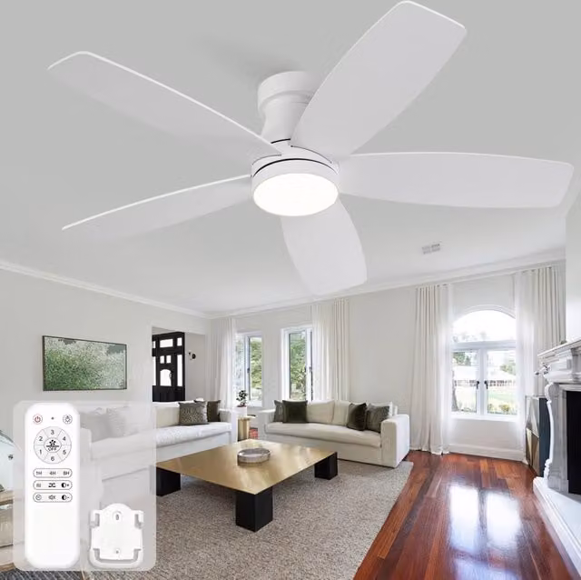 Ventilatore da soffitto moderno con illuminazione LED dimmerabile e telecomando, 3 pale in legno massello, colore bianco e legno, diametro 106,68 cm