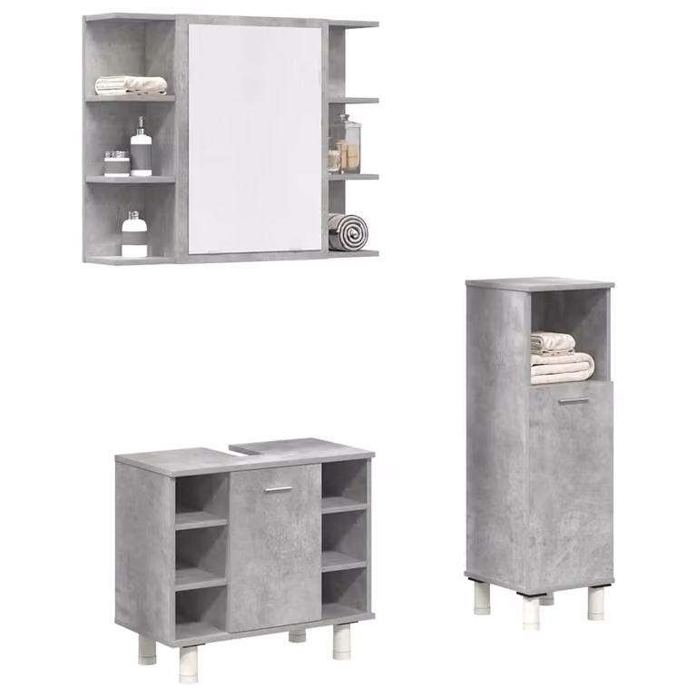 vidaXL Set Mobili da Bagno 3 pz Grigio Cemento in Legno e Vetro con Mobile Lavabo, Pensile e Armadietto con Specchio