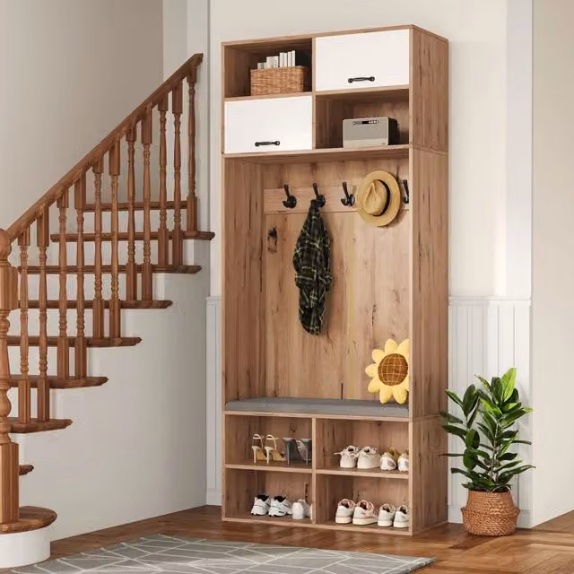 Set ingresso moderno WISHDOR con scarpiera, panca imbottita, 5 ganci e 4 vani aperti, colore bianco e beige, L: 80 cm, H: 185 cm, P: 35 cm