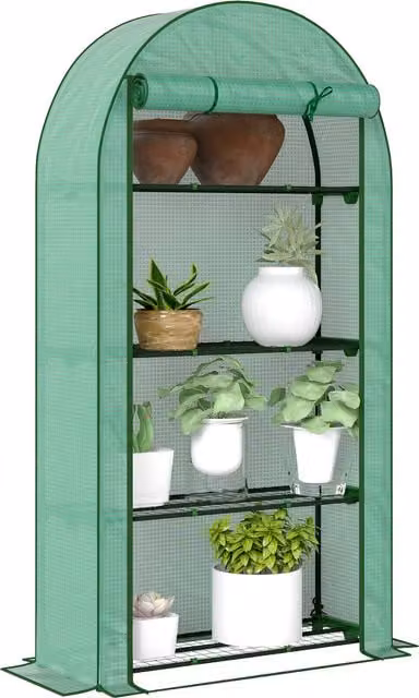 Serra da giardino Outsunny con 4 ripiani, telaio in acciaio e copertura in PE verde, L/P/H: 105 x 45 x 160 cm