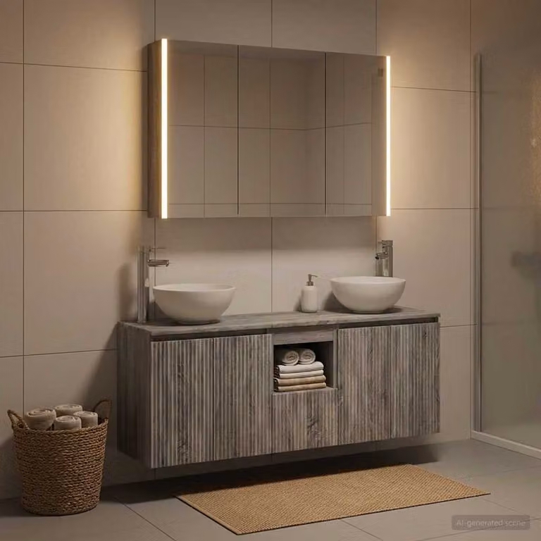 Set di 4 mobili da bagno moderni vidaXL in legno ingegnerizzato grigio con illuminazione LED e specchio