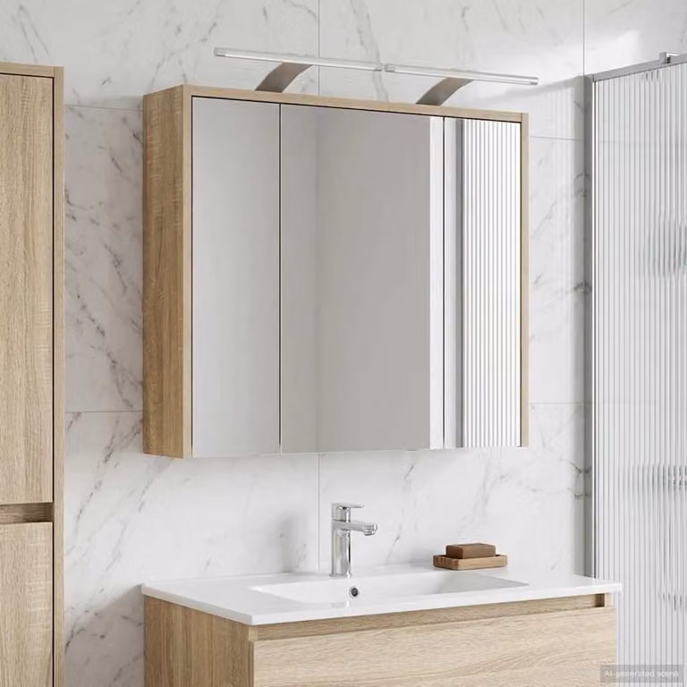 Mobiletto per specchio da bagno moderno vidaXL con illuminazione LED, Rovere Sonoma, L: 62,5 cm, H: 63,5 cm, P: 16 cm