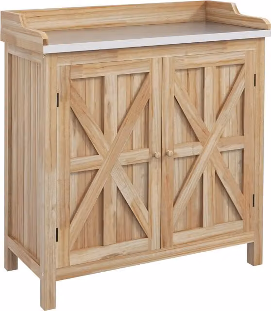 Outsunny Tavolo da trapianto da giardino beige con 2 ripiani in metallo e piedini in legno di pino