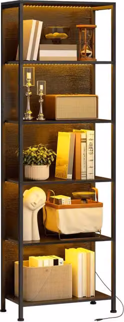 Libreria Xylo con 5 Ripiani e Illuminazione LED a 7 Colori, Legno Nero, L: 60 cm, P: 30 cm, H: 179 cm
