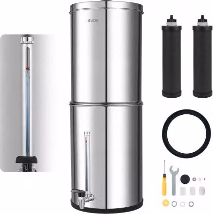 VEVOR Sistema di Filtraggio dell'Acqua a Gravità in Acciaio Inox Silver, Capacità 12,3 l, con Coperchio e Filtro a Carbone Attivo