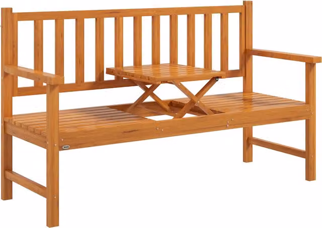 Panchina da giardino Outsunny con tavolino centrale sollevabile e braccioli in legno marrone chiaro L: 153 cm, P: 56 cm, H: 91 cm