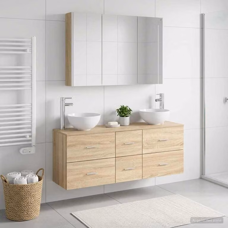 Set di mobili per il bagno moderno vidaXL in legno e vetro marrone con armadietto a specchio con illuminazione LED e mobile lavabo a parete