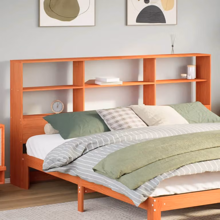 Testiera con ripiani integrati vidaXL in legno di pino massiccio, colore marrone cera, L 206 cm x H 110 cm x P 23 cm