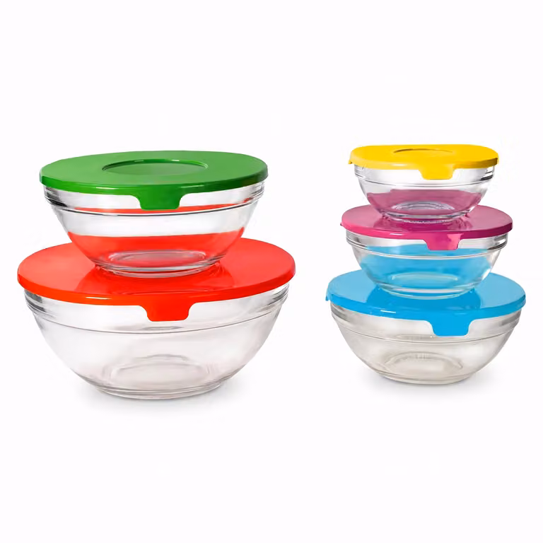 GUSTO CASA - Set 5 Contenitori Food Organizer in Vetro con Coperchio Colorato Multicolore, Impilabili e Salvaspazio