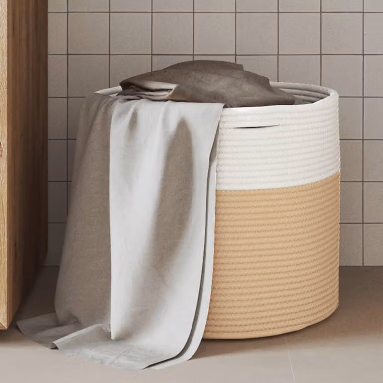 Cestino portaoggetti vidaXL in tessuto beige e bianco con maniglie e design a trama aperta, Ø 40 x H 35 cm