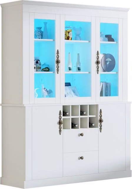 Credenza e madia moderna con vetrina in vetro, illuminazione LED, 4 ante, 2 cassetti e portabottiglie, bianca