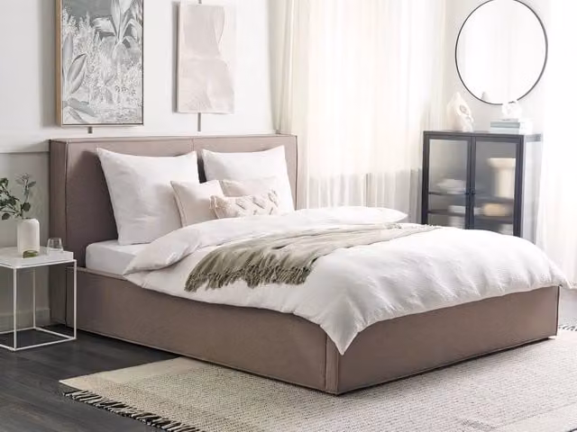 Letto King Size Beliani con Contenitore e Telaio a Doghe, Rivestimento in Tessuto Grigio Tortora, L/P: 180 x 200 cm