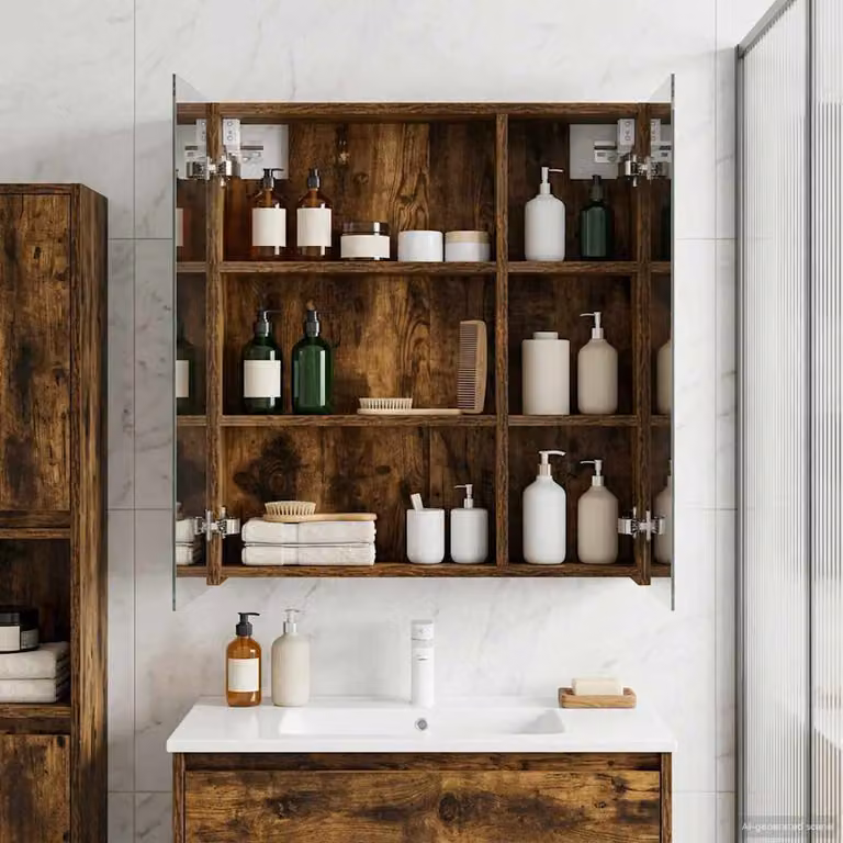 Mobiletto da bagno con ante in vetro vidaXL in Rovere fumé, L: 60 cm, P: 14,5 cm, H: 70 cm