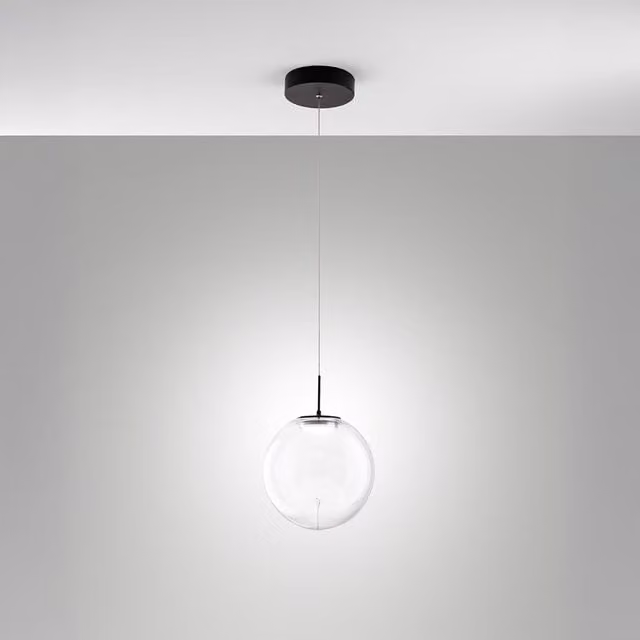 Lampada a sospensione Fabas Ariel in vetro trasparente e nero con tecnologia LED dimmabile