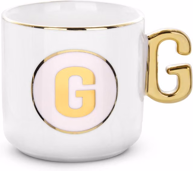 Tazza in ceramica a forma di lettera G bianca con manico oro da 360 ml