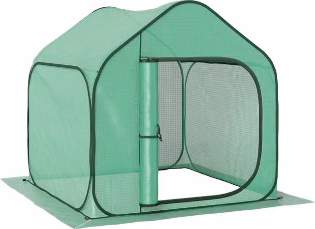 Serra da giardino a casetta pieghevole Outsunny con ingresso a cerniera in acciaio e PE, Verde, L 150 cm x P 148 cm x H 148 cm