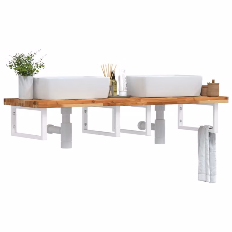 vidaXL Ripiano da parete per lavabo moderno in legno di acacia oliato e metallo, Bianco e Marrone