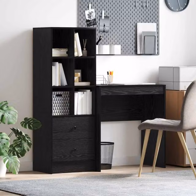 Set di 2 Scrivanie con Scaffale Moderno vidaXL in Rovere e Nero L: 115,5 cm, P: 40 cm, H: 127 cm