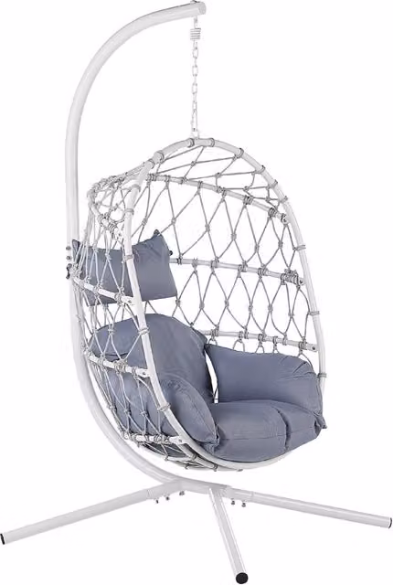 Sedia appesa a uovo BELIANI bianca con supporto in acciaio e cuscino in tessuto resistente ai raggi UV in stile boho per giardino e soggiorno H: 190 cm, L: 108 cm, P: 100 cm