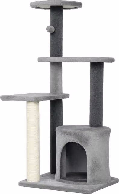 Albero per Gatti PawHut Multilivello con Casetta e Tiragraffi in Sisal, Grigio, Altezza: 103 cm