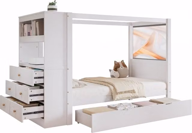 Letto singolo per bambini moderno bianco con barriera di sicurezza e contenitori laterali L/P/H: 200 x 90 x 94 cm