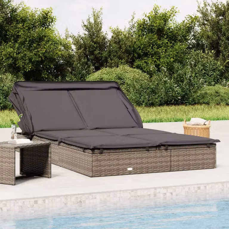 vidaXL Lettino Doppio Pieghevole con Tetto e Poggiatesta Regolabile in Polyrattan Grigio L: 213 cm, P: 118 cm, H: 97 cm