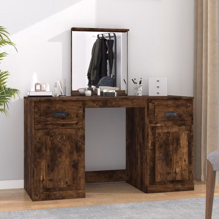 Toeletta con specchio vidaXL in rovere fumo, L: 130 cm, P: 50 cm, H: 132,5 cm