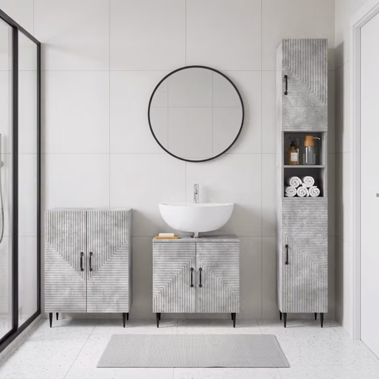 Set di armadietti da bagno HAARLEM di vidaXL in 3 pezzi, design moderno in grigio cemento con mobile sottolavabo e pensili