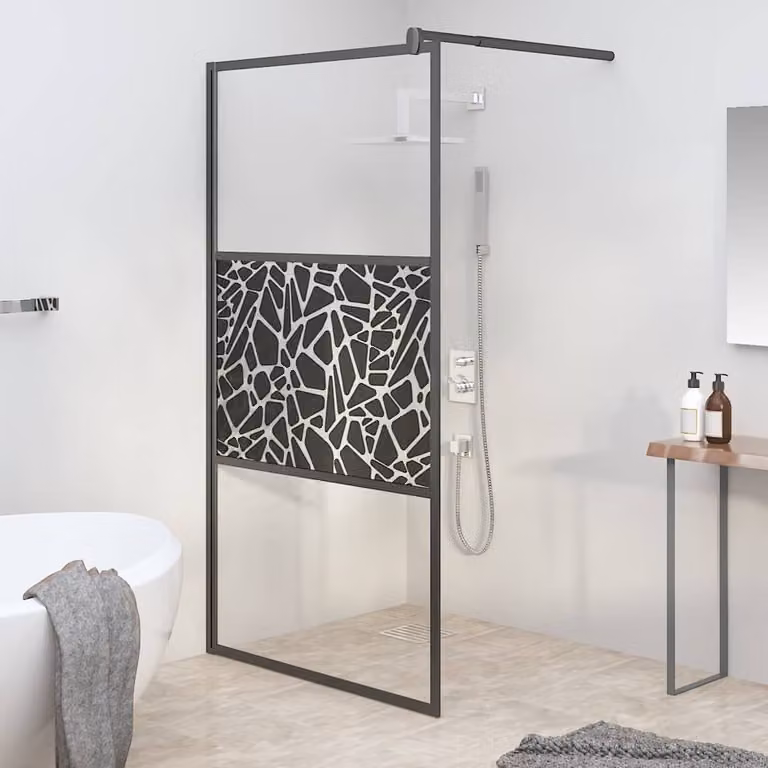Parete Doccia Walk in vidaXL con Vetro ESG Decorato Design Pietre, Nero e Trasparente, L: 115 cm, H: 195 cm