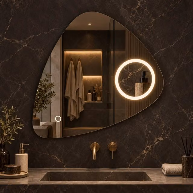 Specchio triangolare OGOMONDO con LED dimmerabile, interruttore touch e bordi smussati, L: 80 cm, P: 80 cm