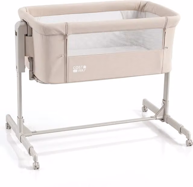 Culla per neonati DESIGN IN con 6 livelli di altezza regolabile, funzione dondolo, 4 ruote con freno e piedini estensibili, Beige