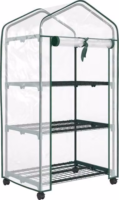 Miniserra da giardino Outsunny con 3 ripiani, telo in PVC ad alta densità e 4 ruote, trasparente, L: 69 cm, P: 49 cm, H: 130 cm