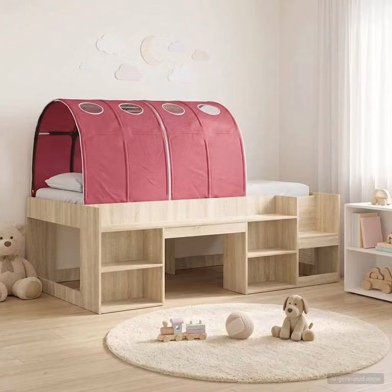 vidaXL Letto per bambini con tunnel e scaffale, Rovere e Rosso, L/P/H: 190 x 90 x 118,5 cm