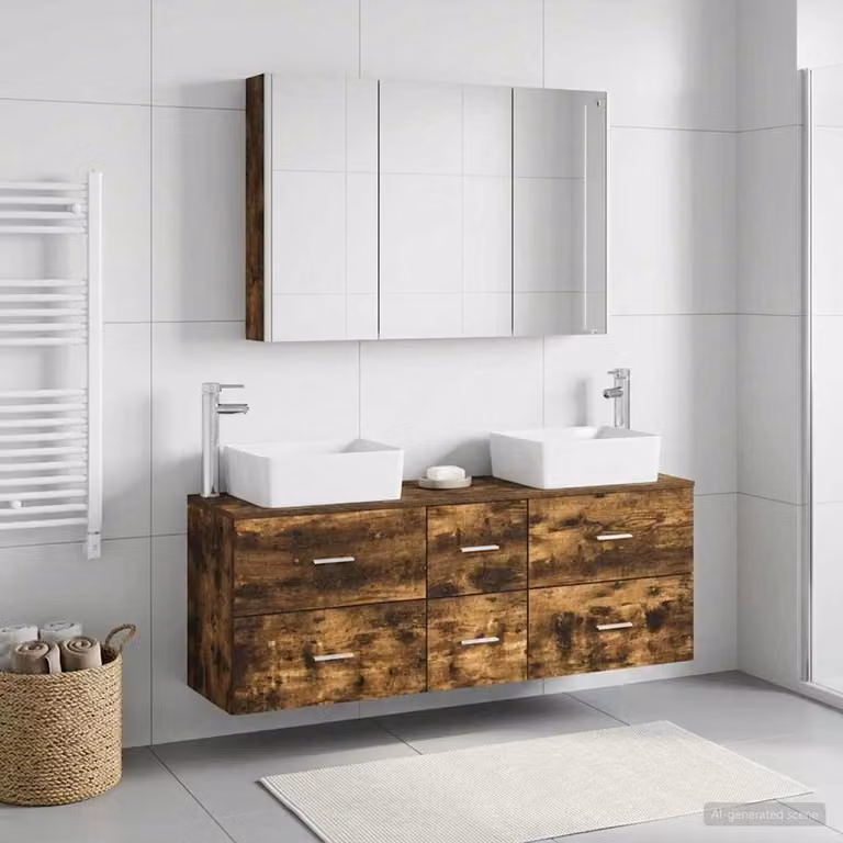 Set di mobili da bagno moderno vidaXL in legno e vetro marrone con armadietto specchio a LED e mobile lavabo sospeso