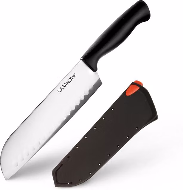 Coltello Santoku Kasanova in acciaio inox con affilatore e custodia protettiva argento