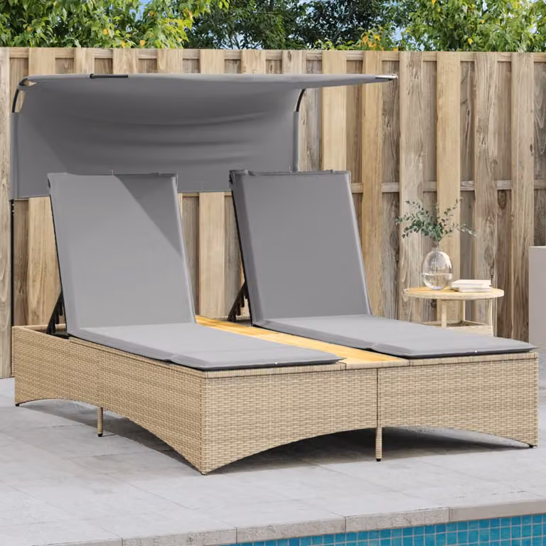vidaXL Lettino Doppio con Baldacchino e Cuscini in Polyrattan Beige e Grigio con Struttura in Legno di Acacia