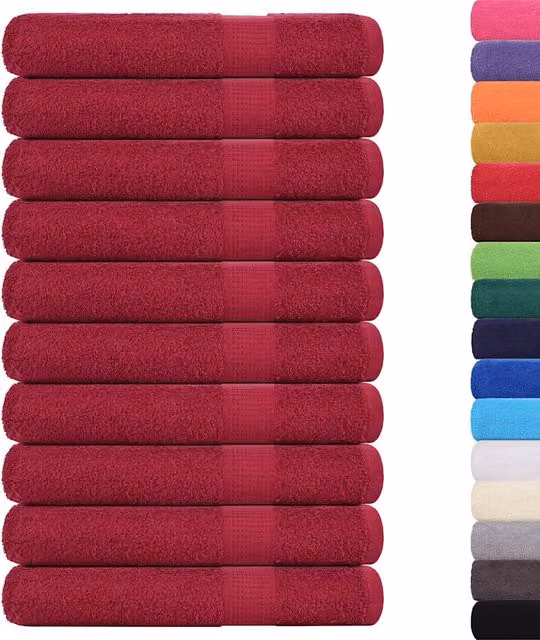 Set di 10 asciugamani vidaXL in cotone spugna rosso con asola per appendere, 100 x 200 cm, 360 g/m²