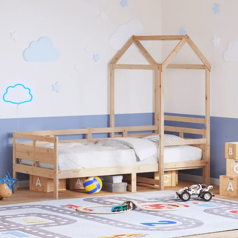 vidaXL Dormeuse per bambini con tetto in legno massello di pino, colore marrone, L/P/H: 200 x 80 x 176,5 cm