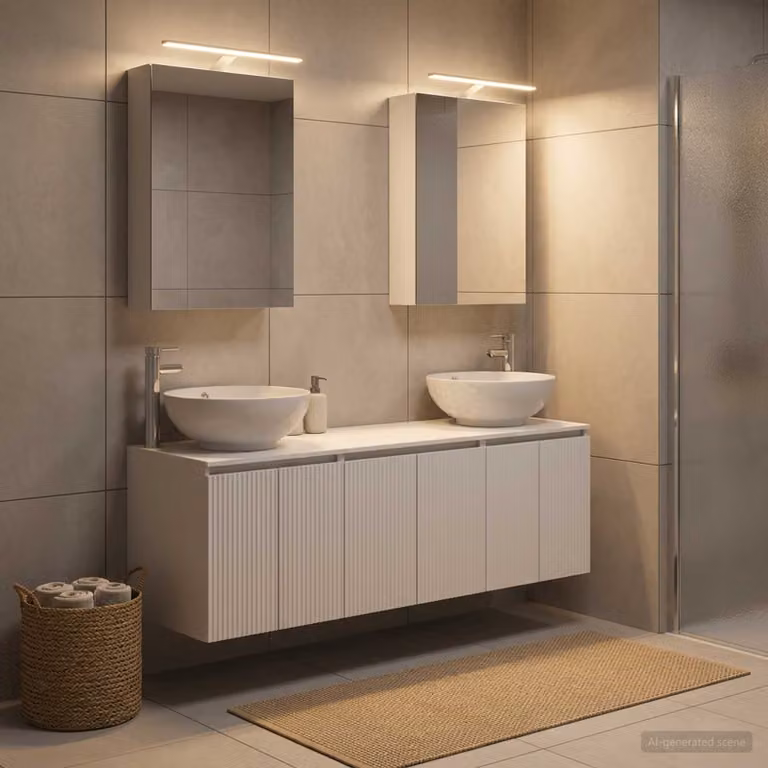 Set di 5 mobili da bagno moderni vidaXL in legno MDF bianco opaco con illuminazione LED integrata e specchio