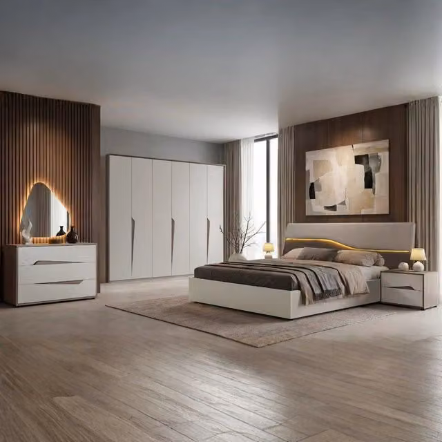 Completa la tua camera da letto con il set moderno Soleil di Effezeta Italia, composto da letto contenitore con base a sollevamento, armadio, cassettiera, comodini, specchio e illuminazione integrata, nei colori cashmere e olmo biscotto, dimensioni letto: