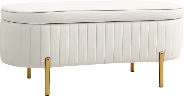 Panca Contenitore Ovale HOMCOM in Tessuto Vellutato e Legno con Coperchio Sollevabile, L: 108 cm, P: 44 cm, H: 43.5 cm, Crema