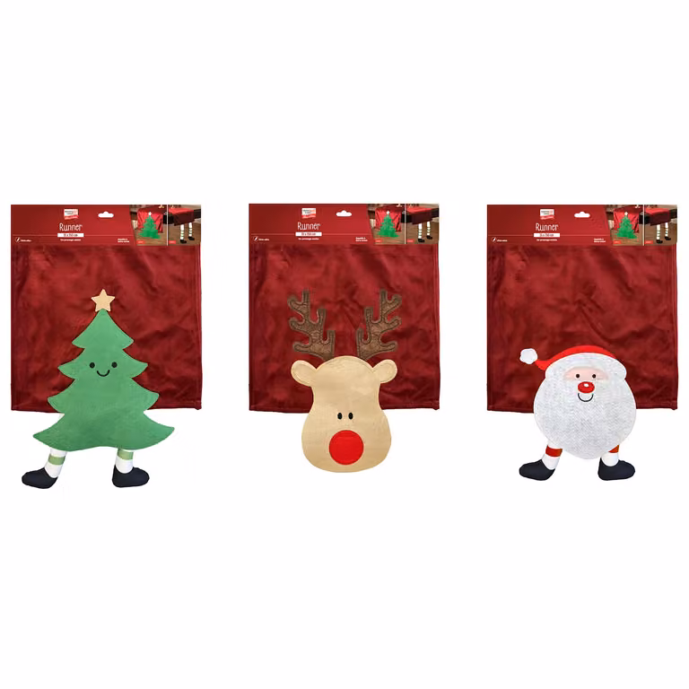 Vestiamo Casa Runner da Tavola Natalizio in Velluto Rosso con Personaggio Assortito L: 250 cm, P: 35 cm