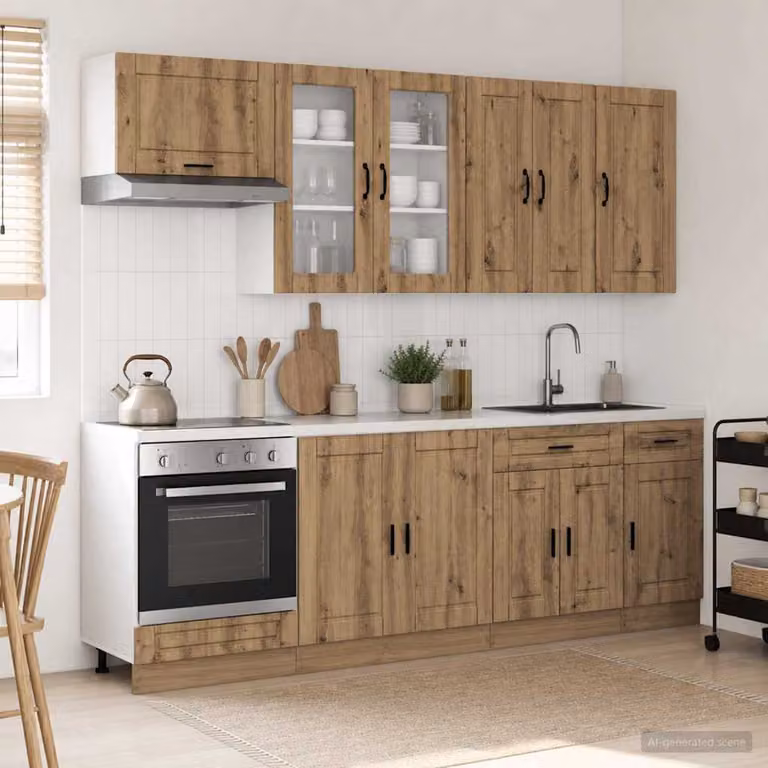 Unità cucina moderna vidaXL PORTO in legno ingegnerizzato color rovere marrone, set da 8 pezzi con ante a battente e cassetti