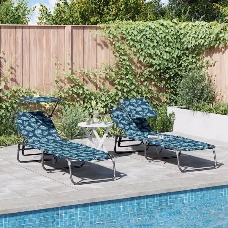 Set di 2 lettini prendisole pieghevoli vidaXL con parasole e poggiatesta regolabile, design floreale multicolore blu, struttura in acciaio verniciato a polvere