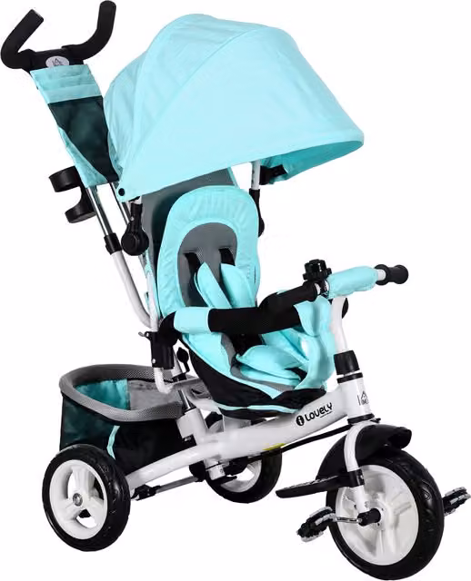 Triciclo per bambini HOMCOM con maniglia spingi estraibile, borsetta e portabottiglie, verde menta, per età superiore a 12 mesi