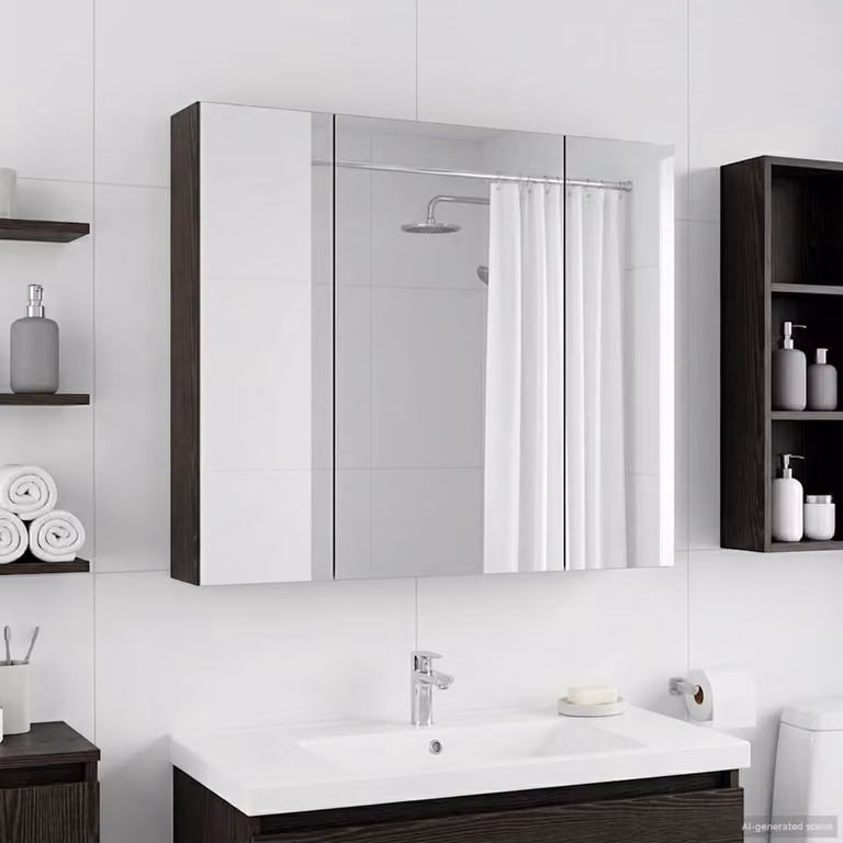 vidaXL Mobiletto da bagno moderno con ante a vetro e ripiani interni, Rovere e Nero, L: 80 cm, P: 14,5 cm, H: 70 cm