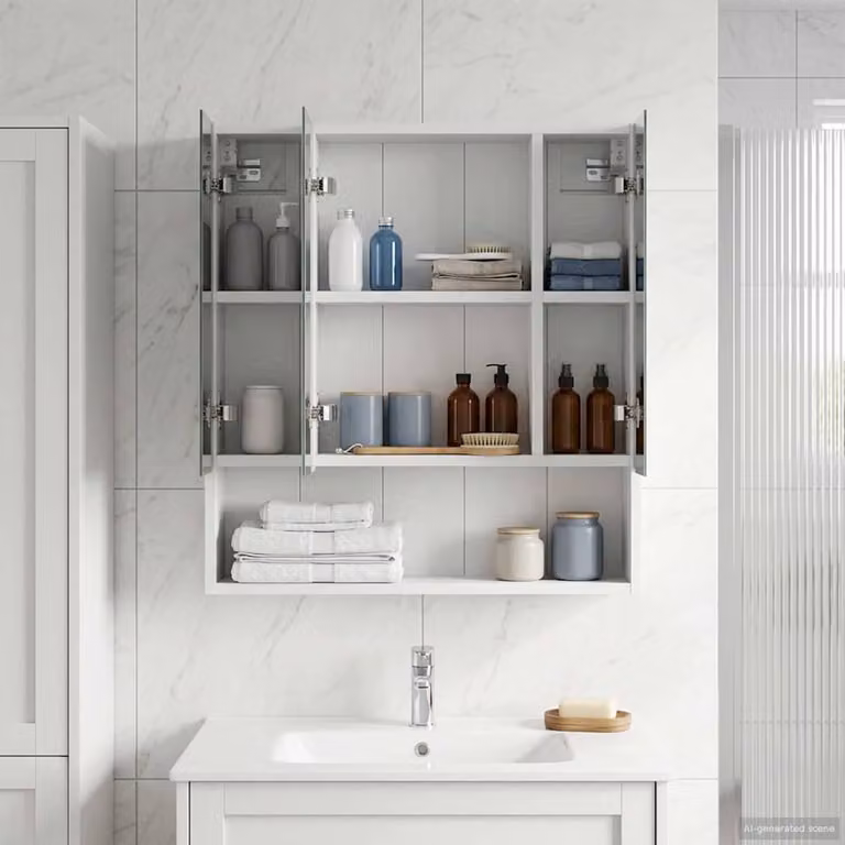 Mobiletto per specchio da bagno vidaXL Bianco con ante in vetro e ripiani interni, L: 60 cm, P: 14.5 cm, H: 70 cm